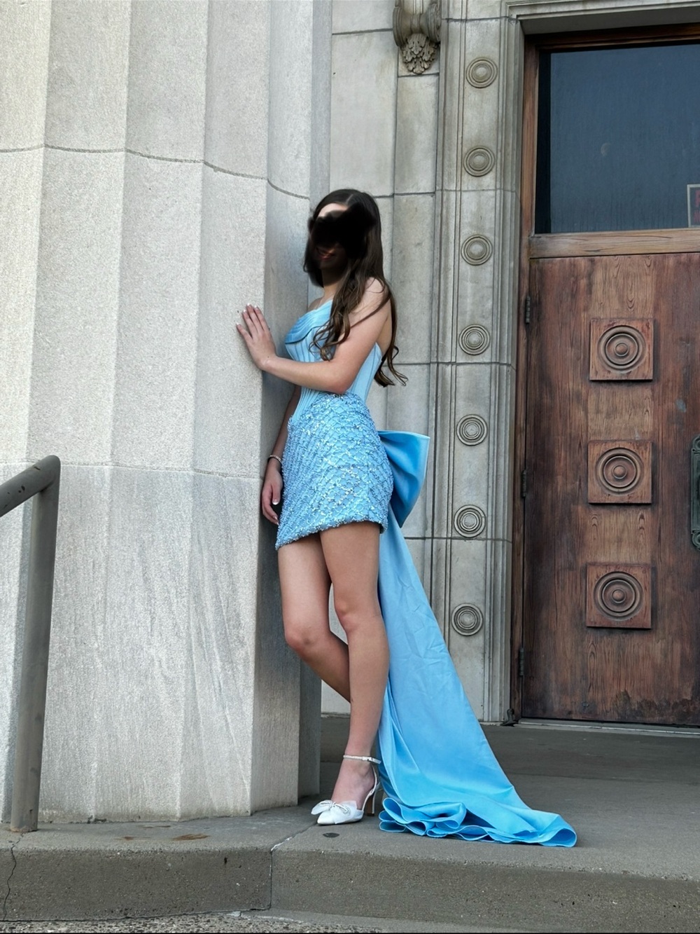 Portia & Scarlet One-Shoulder Sky Blue High-Low Mini Dress with Draped Train 00